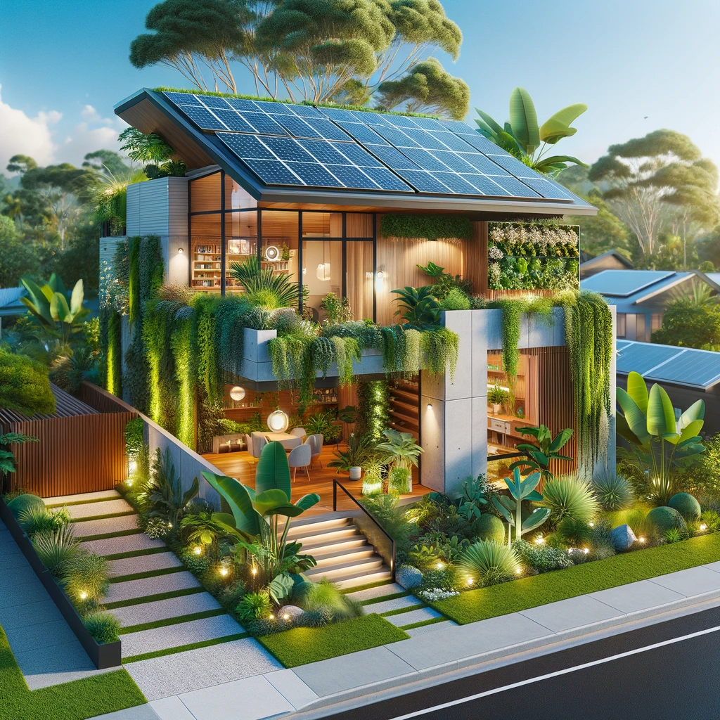 This captivating image showcases a modern eco-friendly house, a vision brought to life by Harrison Constructions. Nestled in the heart of Brisbane, this sustainable abode stands as a testament to Harrison Construction's commitment to environmentally conscious and innovative home design. Featuring solar panels elegantly integrated into the roof, the home is a beacon of energy efficiency. Its living walls, adorned with lush greenery, harmonize seamlessly with the surrounding native Australian flora, creating an oasis of tranquility. Every element, from the water-efficient fixtures to the thoughtful landscaping, reflects Harrison Construction's dedication to crafting homes that are not only aesthetically pleasing but also kind to our planet. This house is more than a structure; it's a symbol of Harrison Construction's vision for a greener, more sustainable future in residential building.